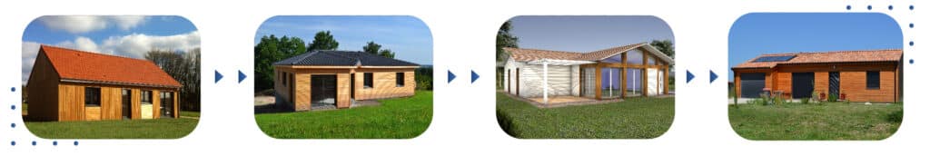 Quatre modèles de maisons en bois réalisées par Maisons Aliénor, illustrant la diversité et l'esthétique de leurs constructions écologiques et modernes.